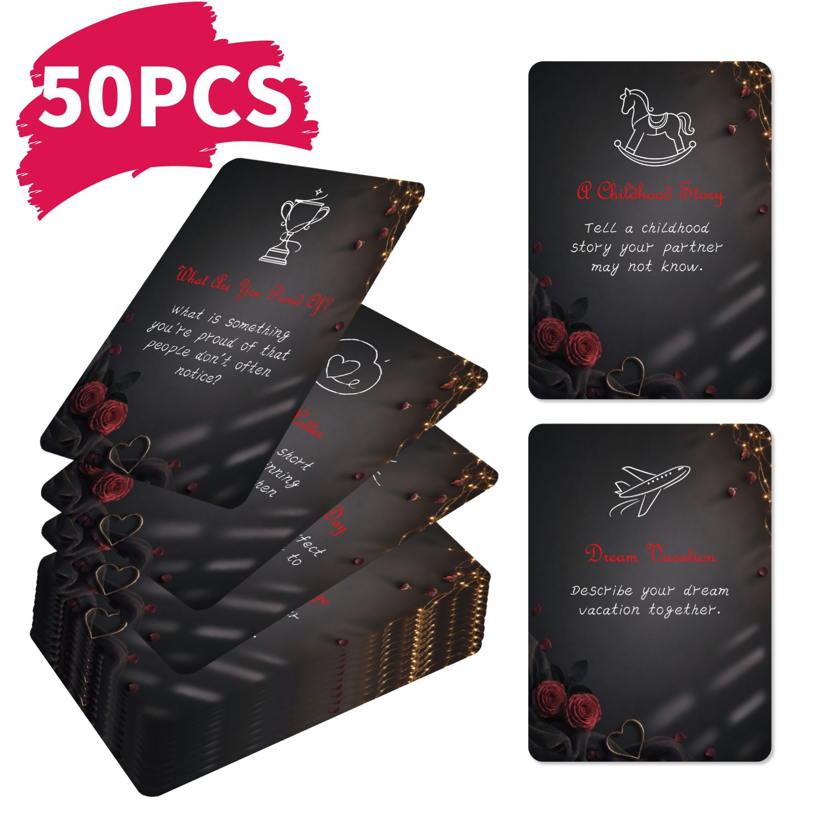 Board Game Quiz - 50 Stück Romantische Paar-Herausforderungskarten Schwarzes Rosen-Design