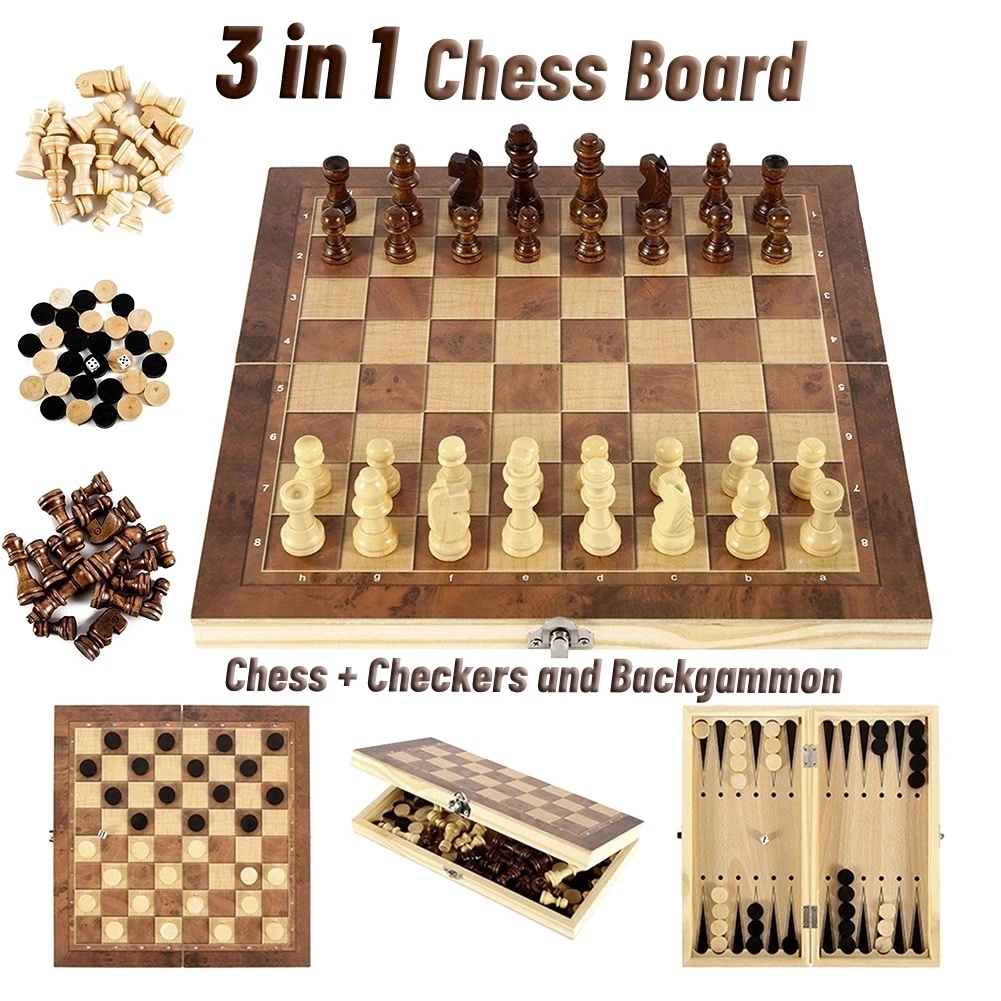 Board Game Vantage - 3-in-1 Holz-Dame-Backgammon-Schach-Set, tragbares, faltbares Brettspiel für